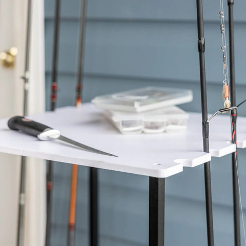 Garage Fishing Pole Organizer That Holds Ten Rods, Reels, Tackle Box, And Gear With Built In Shelves, close-up of shelf with gear