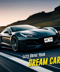 Sports car on road with "Let's Drive Your Dream Car" text and ABC 123 license plate, sunset in background