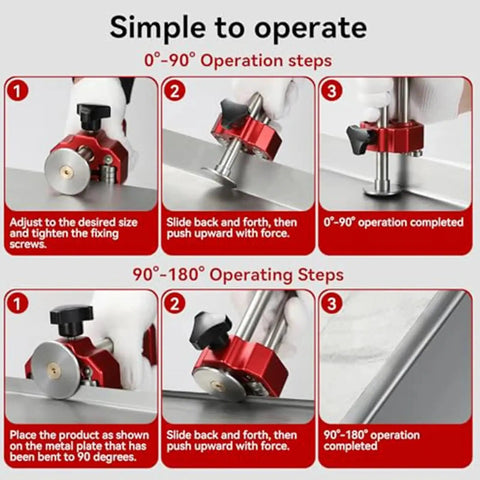 Heavy Duty Sheet Metal Roller Hand Bender operation steps, tool adjustment, and usage for even bends in metalworking.