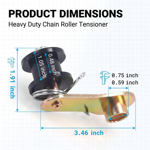 Sweet Setup Mini Bike Chain Tensioner Spring Loaded Roller With Durable Steel Bracket detailed dimensions image showing size for 110Cc 125Cc 140Cc dirt cycles.