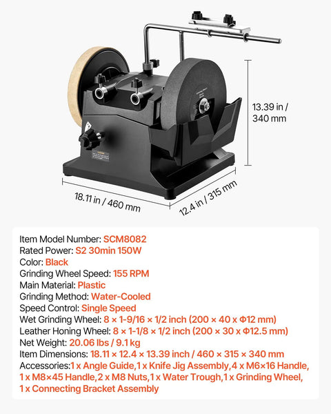 Shop Grade 8 Inch Wet Stone Grinder, Water Cooled Knife Sharpening Machine With Flex Pivot Head, front view with dual grinding wheels.