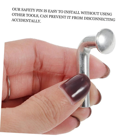 Dang Solid Heavy Duty Pallet Rack J Bolt Safety Pins 100 Pack shown in hand, iron safety pin for easy installation and secure locking.