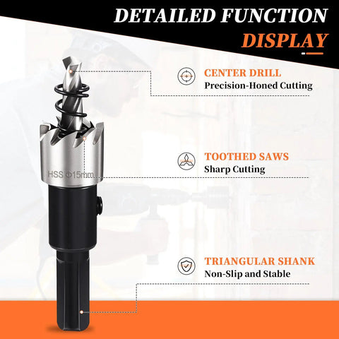 15mm Hole Saw Cutter Kit with 4241 High Speed Steel Blade, center drill bit, and spring for thin metal and plastic