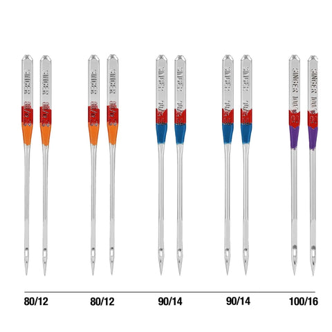 Universal Regular Point Sewing Machine Needles Set for Woven Fabrics Assorted Sizes 80 12 90 14 100 16 Two Packs Compatible With Most Machines Like Brother Kenmore Color Coded for Easy Size Pick and Smooth Stitching, assorted color-coded needles