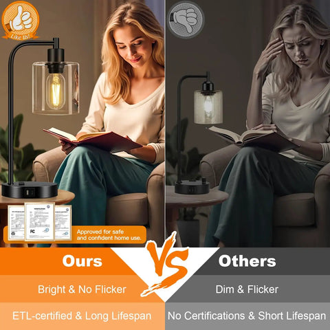 Comparison of Pair Of Slick Smart Touch Table Lamps With USB C And USB A Ports And AC Outlet, highlighting brightness and flicker control.