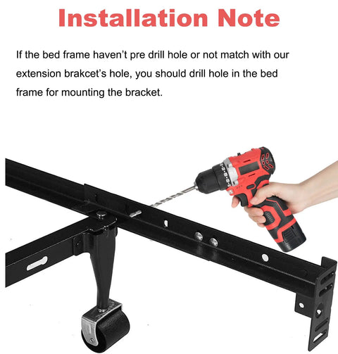 Installation note for Universal Footboard Extension Brackets For Bed Frames Knockout Fix Hardware Kit with drill on bed frame.