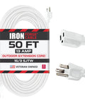 Weatherproof 50 Ft Outdoor Extension Cord White 16 Gauge 3 Conductor SJTW Heavy Duty 3 Prong 13 Amp Exterior Power Cable