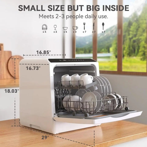 Compact Countertop Dishwasher With Five Beast Mode Wash Cycles And No Brainer Setup For Tiny Apartments featuring capacity details for dishes.