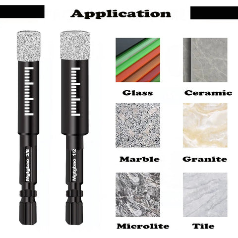 Front view of Dry Diamond Drill Bits Set Ten Pc Three Sixteenth Inch Hex Shank Core Drill Bits with Wax Cooling for hard materials application chart