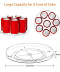 Two Pack Clear 9 Inch Lazy Susan Turntable Rotating Organizer Tray For Cabinet And Countertop Use Non Slip Round Spice Rack Refrigerator Kitchen Pantry Bathroom Storage with cans of soda.