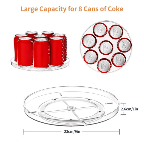 Two Pack Clear 9 Inch Lazy Susan Turntable Rotating Organizer Tray For Cabinet And Countertop Use Non Slip Round Spice Rack Refrigerator Kitchen Pantry Bathroom Storage with cans of soda.