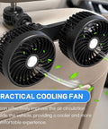 Keep Your Ride Chill With This Usb Powered Dual Head Car Fan Featuring Three Speed Settings And 360 Degree Swivel Headrest Mount For Big Airflow And Straight Up Sweet Relief On Family Trips Or Daily Commutes, showing dual fans on vehicle headrest.