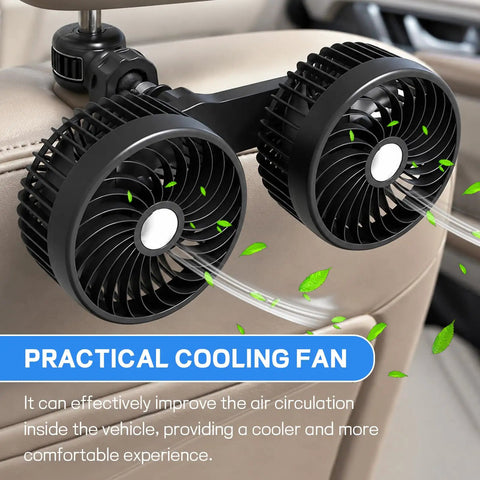 Keep Your Ride Chill With This Usb Powered Dual Head Car Fan Featuring Three Speed Settings And 360 Degree Swivel Headrest Mount For Big Airflow And Straight Up Sweet Relief On Family Trips Or Daily Commutes, showing dual fans on vehicle headrest.