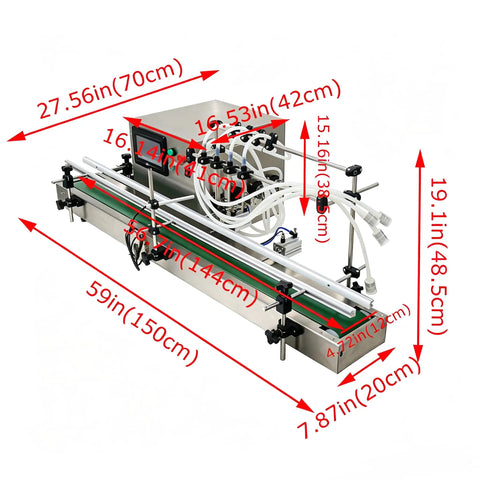 Heavy Duty Automatic Desktop Liquid Filler Quad Head Magnetic Pump No Sweat Setup Zero Drip Precision For Cosmetics And Beverages 8mm Nozzle With Tracking Conveyor 110V dimensions shown with labeled measurements