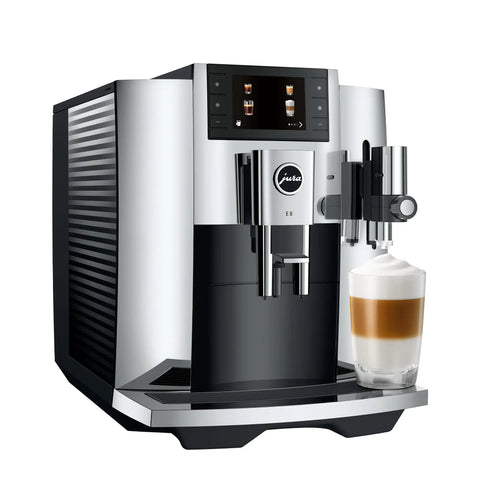 Fully Automatic Chrome Espresso Machine One Touch Custom Barista Brewer Fresh Bean Grinder Premium Coffee Maker Top Shelf Brewmaster Smooth Operator Home Kitchen System Reliable Daily Driver with milk froth and coffee.