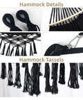 Close-up of Ultra Sturdy Double Hammock With 550 Pound Capacity, 320GSM Canvas, tassels, and fishtail knit details in black.