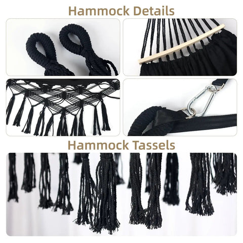 Close-up of Ultra Sturdy Double Hammock With 550 Pound Capacity, 320GSM Canvas, tassels, and fishtail knit details in black.
