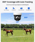 4G LTE Cellular Security Camera Outdoor Solar Powered With 360 Pan Tilt And Auto Tracking No WiFi Needed Color Night Vision AI Detection Built In SIM Card PTZ Lite Plus Solar Panel monitoring two horses in a field.
