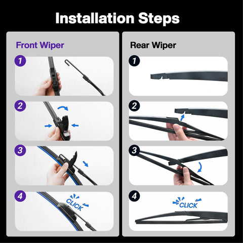 Installation steps for Premium Three Piece Windshield Wiper Blades For Nissan Rogue 2013 Through 2023 And Pathfinder 2013 Through 2020.
