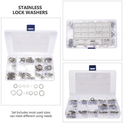 400-piece serrated lock washers set in plastic case, stainless steel internal and external tooth washers for commercial use