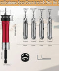 Heavy Duty Eight Piece Countersink Drill Bit Set Featuring Adjustable Depth Stops And No Sweat Quick Swap Hex Shank For Wood Metal Plywood Mdf Plastic Comes With Tough Carry Case - specifications image showing sizes and bits.