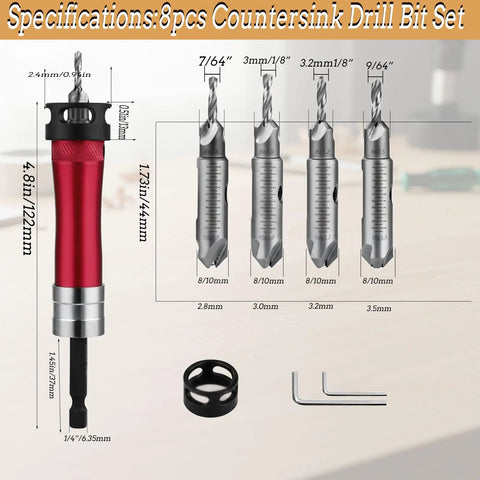 Heavy Duty Eight Piece Countersink Drill Bit Set Featuring Adjustable Depth Stops And No Sweat Quick Swap Hex Shank For Wood Metal Plywood Mdf Plastic Comes With Tough Carry Case - specifications image showing sizes and bits.