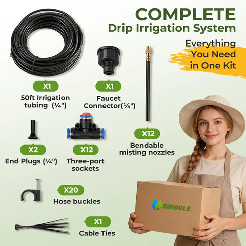 Fifty Foot Drip Irrigation Kit With 360 Degree Adjustable Brass Misting Nozzles And 1 Quarter Inch Tubing garden watering system