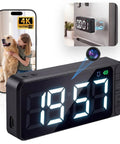 Super Sleek Hidden Camera Clock With 4K Wireless WiFi Surveillance Easy Magnet Mount Setup No Sweat Required And Rock Solid All Day Battery For Big Time Indoor Home Security Monitoring displayed on a black alarm clock.