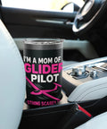 "Proud Mom Of A Glider Pilot Insulated Stainless Steel Tumbler in car cup holder, black with pink text"