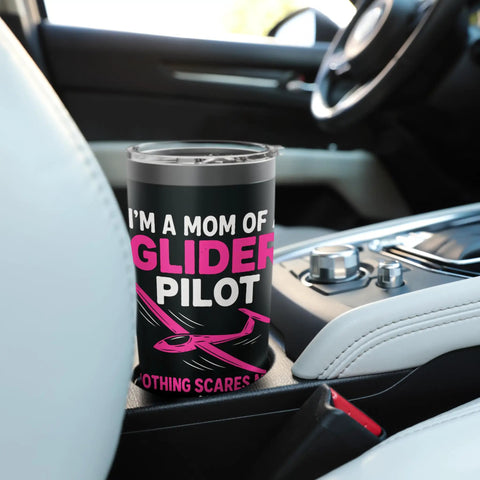 "Proud Mom Of A Glider Pilot Insulated Stainless Steel Tumbler in car cup holder, black with pink text"