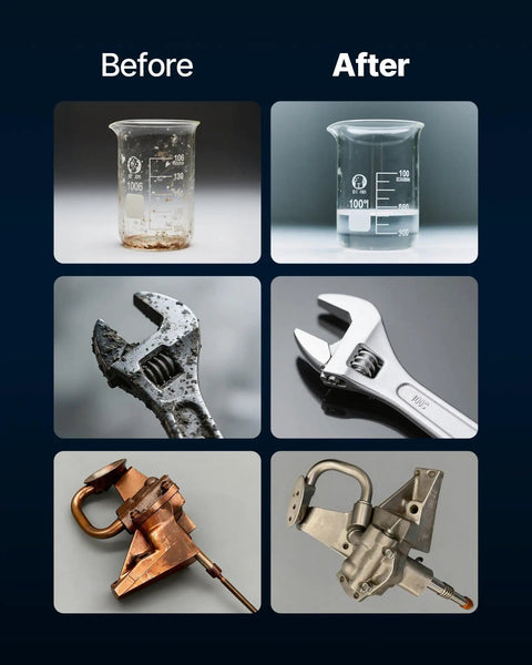 Before and after comparison of items cleaned by 50L Ultrasonic Cleaner With Digital Display And Cleaning Basket 840W Industrial Stainless Steel Cleaning Machine On Wheels For Carburetors Small Parts And Watch Bands Ultra Fast Dirt Busting At 40kHz.