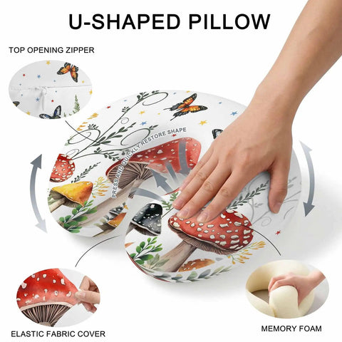 Hand pressing U Shaped Memory Foam Travel Pillow For Airplane And Car, Ergonomic Neck Support with mushroom and butterfly design.