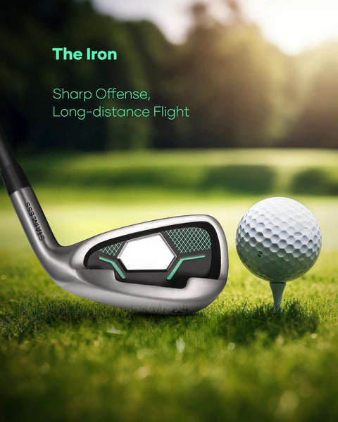 9 Piece Complete Golf Club Set For Beginners And Weekend Golfers With Steel Shafts iron close-up on grass with golf ball