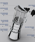 Induction Friendly Moka Pot With Crystal Glass Top And Stainless Steel Stovetop Espresso Maker Pro Level Brew Classic Italian Coffee Brewer 160ml Transparent body with labeled components visible