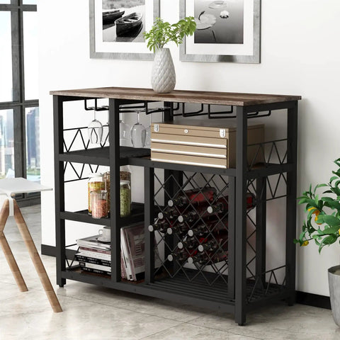 Slick Industrial Wine Rack Table Doubles As Console Table With Glass Holder And Ample Wine Storage Space To Keep Your Favorites Secure Multipurpose Floor Bar Cabinet For Kitchen Dining Room Decor Setup in modern decor with plant.