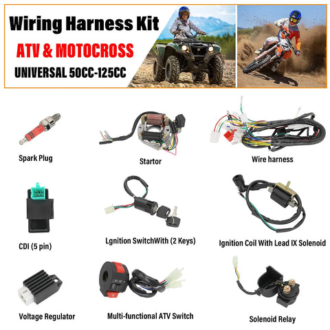 Image of Stator Coil CDI Wiring Harness Kit for 4 Stroke ATV KLX 50cc 70cc 110cc 125cc, complete with components like spark plug and solenoid.
