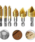 Professional Grade 6 Piece Countersink Drill Bit Set With 1 4 Inch Hex Shank And Tough Hss Construction on display with gold color.