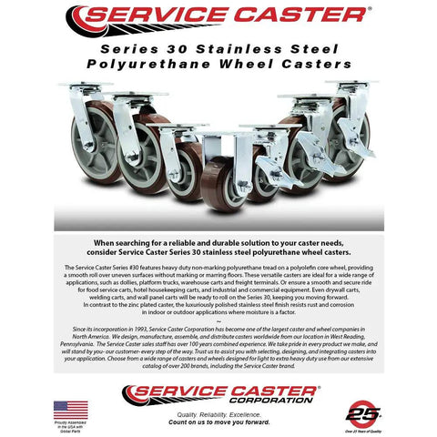 Heavy Duty Six Inch Polyurethane Casters Set Of Four Stainless Steel Top Plates Two Swivel With Brakes And Two Rigid Setup visible in packaging.