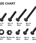 M3 Black Nylon Screw And Bolt Assortment featuring pan and round heads, includes length sizes M3 x 6 to M3 x 25 for various projects.