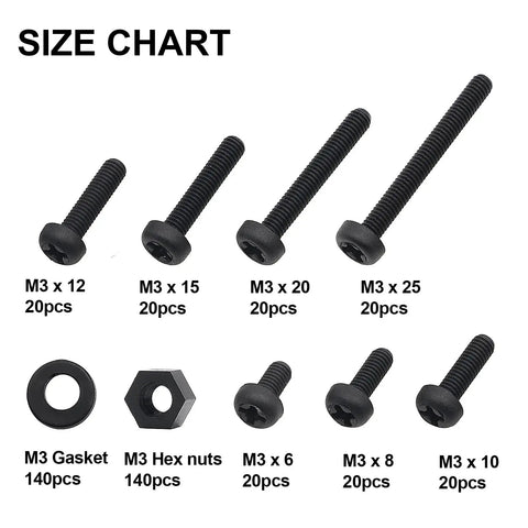 M3 Black Nylon Screw And Bolt Assortment featuring pan and round heads, includes length sizes M3 x 6 to M3 x 25 for various projects.