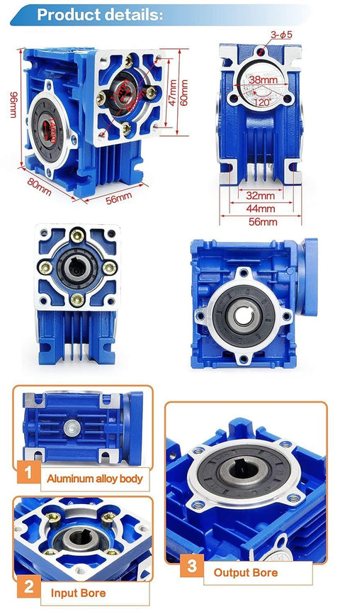 NMRV030 40 To 1 Worm Gear Reducer Square Output 14mm Shaft with detailed dimensions for Nema23 Stepper Motor in CNC machines.