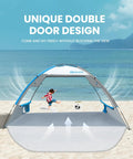 Beach Tent Sun Shelter For Three With Two Ventilated Doors UPF50+ Easy Setup Canopy on sandy beach with child playing