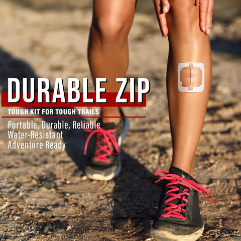 Everlit Wound Closure Kit front view: adhesive bandage patch on knee during hike