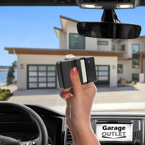 Hand holding Two-Pack Garage Door Opener Remotes For Overhead Garage Systems, Compatible With GT90-1 G220 MAT90 GT912 AT90.
