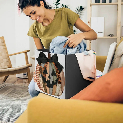 Kicker Quality Patchwork Fabric Storage Cube Built For Quick Room Upgrades With Heavy Duty Stitching And A Knockout Pumpkin Silhouette