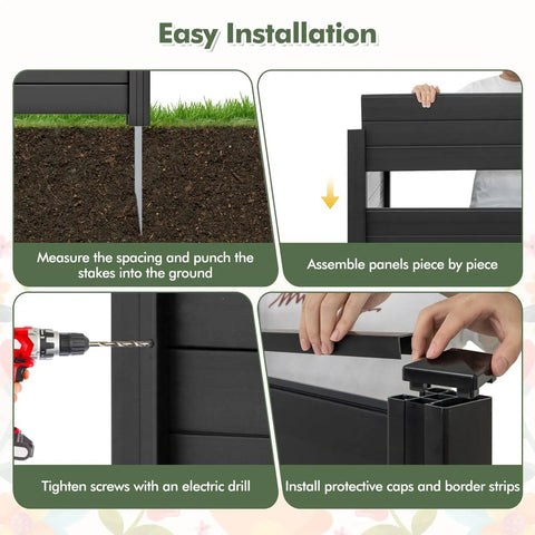 Two Panel Outdoor Privacy Screen For AC Unit And Trash Can Enclosure, easy no-dig install steps, black with galvanized stakes.