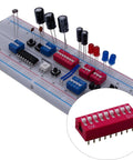 Red 41Pcs Dip Switches Kit With Ten Value Settings In Double Row 2.54mm Pitch PCB Mountable Slide On Off Toggle Switches For DIY Electronics Breadboards shown on a circuit board.