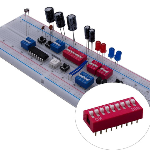 Red 41Pcs Dip Switches Kit With Ten Value Settings In Double Row 2.54mm Pitch PCB Mountable Slide On Off Toggle Switches For DIY Electronics Breadboards shown on a circuit board.