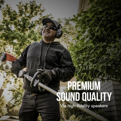 Man using trimmer while wearing WorkTunes Connect Solar Wireless Hearing Protector With Bluetooth, 26 dB NRR, Solar Charging