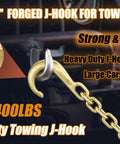Two Pack 8 Inch Beefy Heavy Duty Tow J Hooks Set Grade 70 Forged Steel Yellow Zinc Plated Clevis J Hooks For Transport Chains 5400 Lbs Capacity Heavy Load Reliable Towing Hooks, showing J-hook attached to chain for towing
